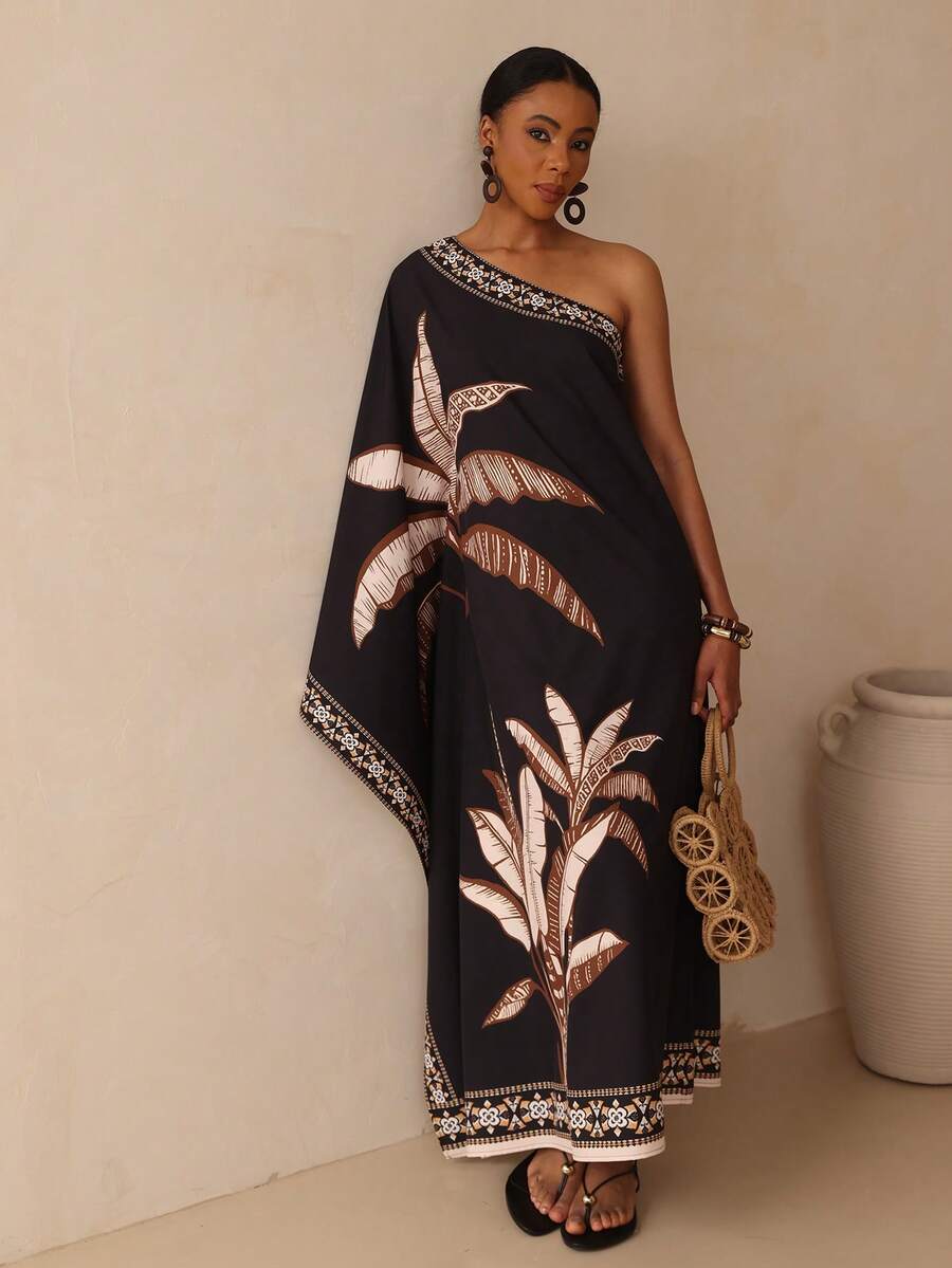 SHEIN Veneréa Plant Print Floral Pattern Trim Drape Robe For Women - Multicolor - View 1