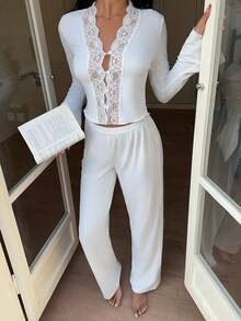 Lowkey Lull Women's Spring/Autumn Contrast Lace Bell Sleeve Top And Long Pants Pajama Set - White - View 3