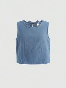 SHEIN 女童灰蓝色蝴蝶结装饰无袖上衣和短裤休闲时尚套装，适合户外活动 - 藍色 - 查看 4