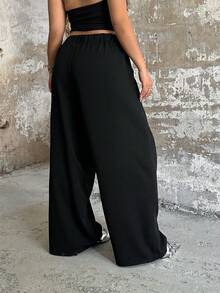 POPSWAY Quần ống rộng xếp ly màu trơn dành cho nữ cỡ lớn, có túi thật, thích hợp cho mùa xuân/hè. - màu đen - Xem 2