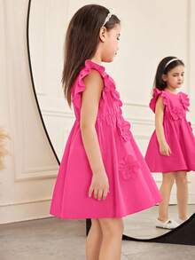 SHEIN Đầm dệt màu trơn thanh lịch cho bé gái, kiểu dáng ôm sát, họa tiết hoa, tay bồng, viền bèo, thích hợp cho kỳ nghỉ thường ngày. - Màu Hồng Tươi - Xem 4