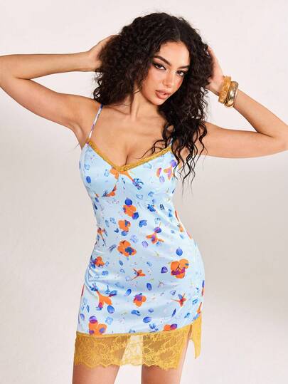 plantica فستان قصير مطبوع بزهور مع تفاصيل من الدانتيل، أنيق وعصري، مناسب للعطلات والمواعيد والمنزل وعيد الحب وفصلي الربيع والصيف