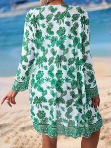 Swim Vcay 三件套：印花细肩带聚拢钢圈比基尼泳衣 + 印花长袖罩衫 - 綠色 - 查看 2