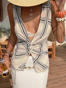 Livesso Women's Geometric Pattern Striped Cropped Top,Front Twist Design,Sleeveless Blouse,Beige,Summer,Boho,Vacation,Holiday,Music Festivals,Casual,Beach - Beige - View 5
