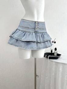SHEIN ICON 大码女装 Y2K 时尚休闲荷叶边牛仔迷你裙 - 淺色水洗藍 - 查看 1