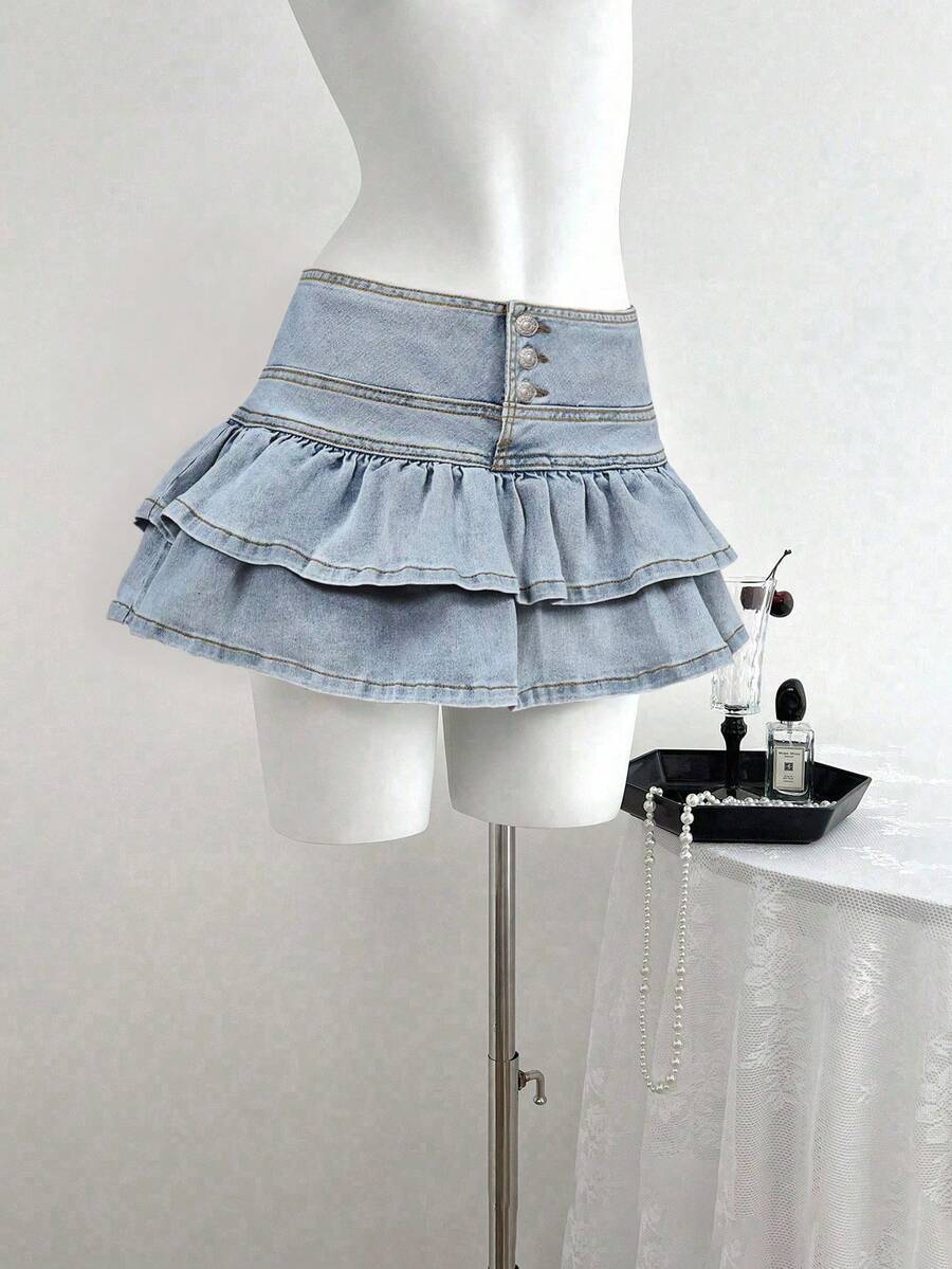 SHEIN ICON 大码女装 Y2K 时尚休闲荷叶边牛仔迷你裙 - 淺色水洗藍 - 查看 1