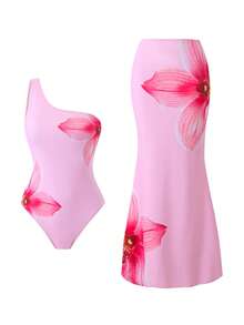 Swim Oasis 2pcs Women's Fashionable High-End Printed One-Piece Swimsuit With Sarong Cover-Up, Summer - Multicolor - View 1