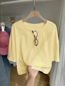 SHEIN EZwear Áo thun ngắn tay dáng rộng, màu trơn, vai rớt, màu vàng, cỡ lớn. - Màu vàng - Xem 1