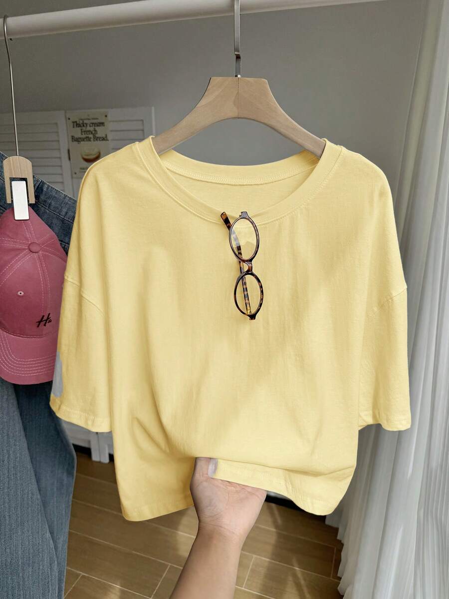 SHEIN EZwear Áo thun ngắn tay dáng rộng, màu trơn, vai rớt, màu vàng, cỡ lớn. - Màu vàng - Xem 1