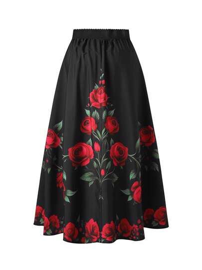 GlowEve CURVE Plus Size Women's Elegant Rose Print High Waist Ruched Skirt, Suitable For Travel, Commute, Date, Picnic And Other Casual Occasions