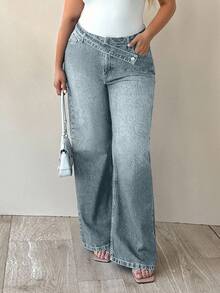 EURMUSE 100% Cotton Plus High Waist Asymmetric Belt Wide Leg Jean - Dusty Blue - View 1