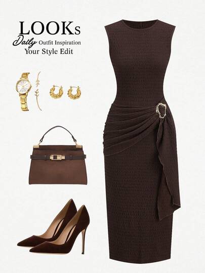 Ellevyn 女士优雅纯色纹理面料金属扣褶皱腰部无袖连衣裙，夏季