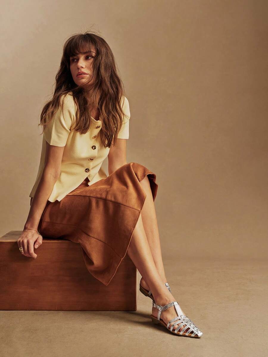 Rosivie 新款轻盈奢华金属镂空编织罗马舒适平底凉鞋，女士尖头绑带凉鞋，夏季沙滩度假鞋 - 香檳色 - 查看 1