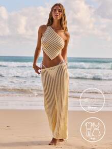 Aralina 2 Piece Set Crochet Summer Spring Swim Vacation Beach One Shoulder Top Assymetric Tube Maxi Skirt Sheer Sexy Two Piece Set - Yellow - View 1