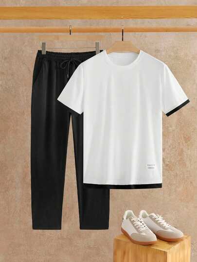 HIMLAND 男士撞色圆领短袖休闲T恤和锥形裤套装