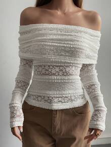 Livesso Women's Hollow Out Lace Top, Off-Shoulder Casual Vacation Street Style Crochet Beach, White Long Sleeve Top, Spring/Summer - White - View 5