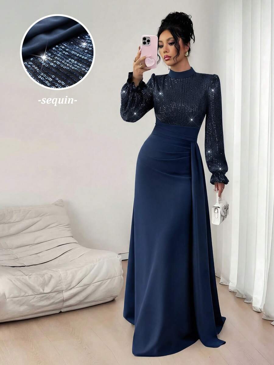 SHEIN Elenzya 女士优雅华丽亮片长袖收腰连衣裙，适合宴会、派对、婚礼宾客、新年、圣诞节等场合。 - 藏蓝色 - 查看 1