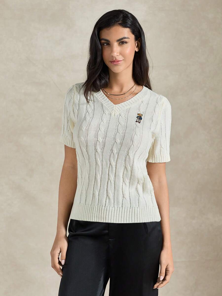 Briarwyn Women's Casual Knit Top With Cartoon Bear Embroidery & Twist Cable V-Neck Short Sleeve - White - View 1