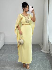 SHEIN Raffinéa 女士圆领贴花披肩设计优雅长裙 - 黃色 - 查看 1