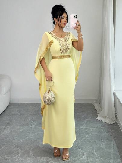 SHEIN Raffinéa Women's Round Neck Applique Cape Design Elegant Long Dress