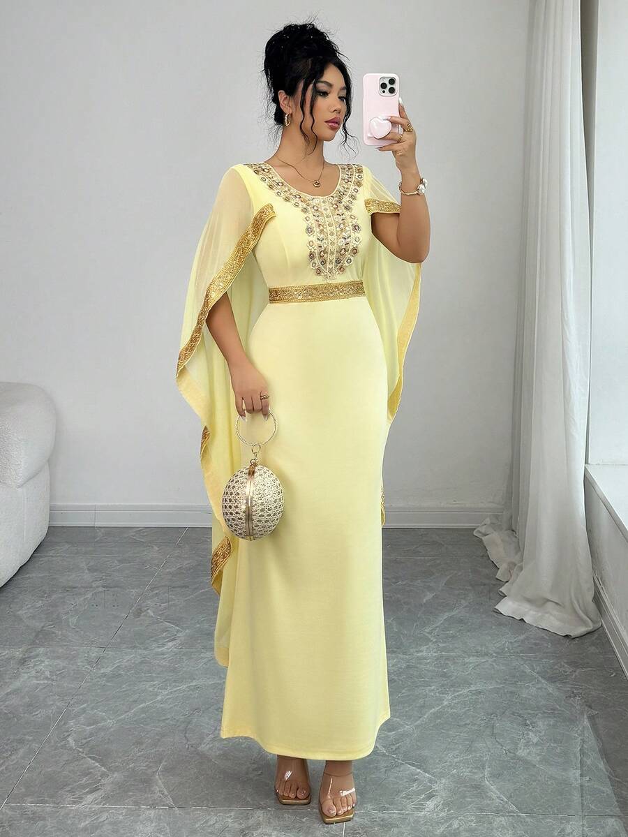 SHEIN Raffinéa 女士圆领贴花披肩设计优雅长裙 - 黃色 - 查看 1