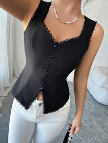 SHEIN Elenzya Áo ba lỗ nữ thanh lịch thiết kế chắp vá ren - màu đen - Xem 6