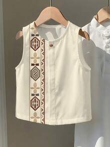 SHEIN Bộ 2 món gồm áo vest in hình sao và trăng cổ điển và áo sơ mi dài cổ đứng, trang phục thường ngày cho bé trai, thích hợp đi học, sinh nhật, mùa xuân, hè, thu. - trắng - Xem 3