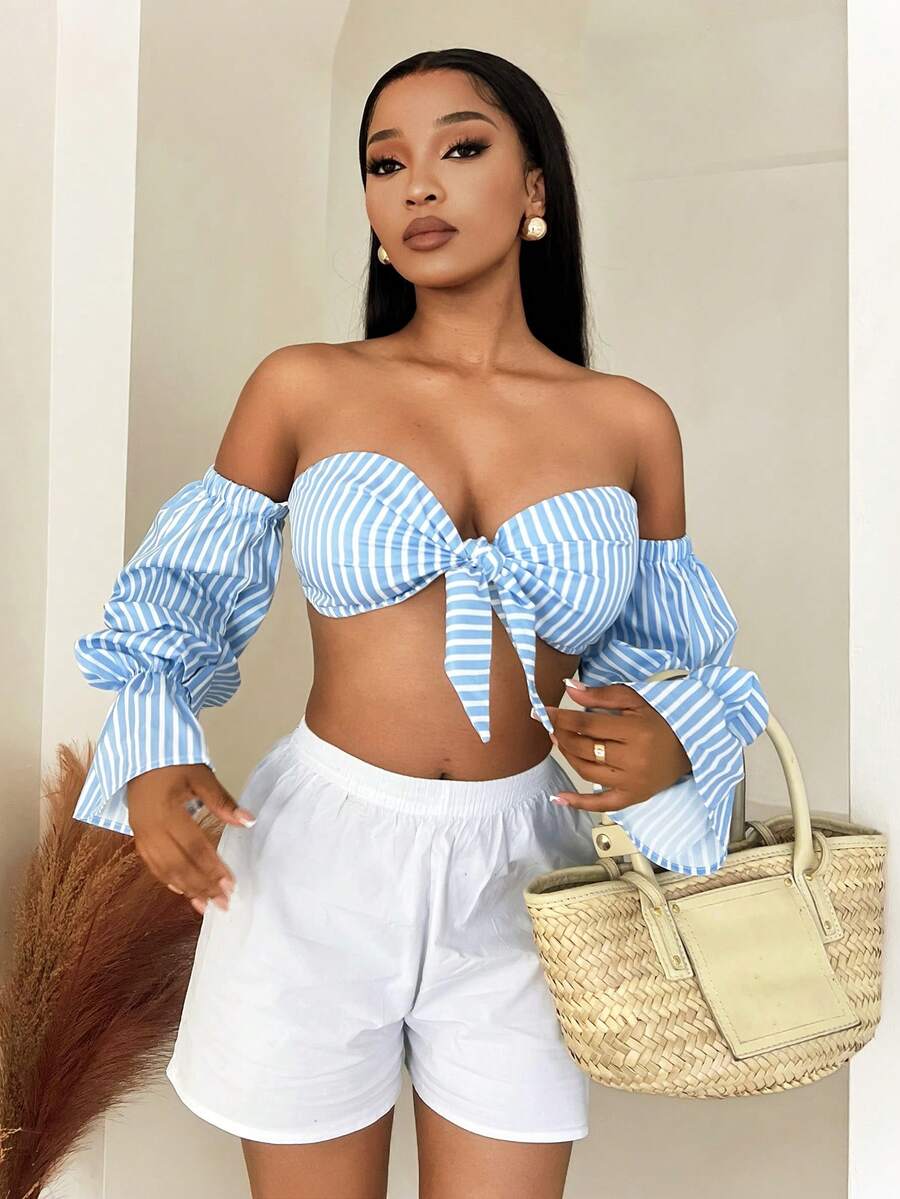 BamGleam 女士条纹印花扭结前襟露肩休闲百搭长袖衬衫 - 藍色 - 查看 1