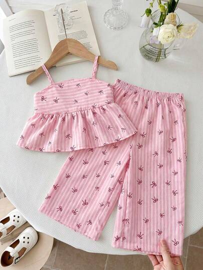 SHEIN 2pcs Baby Girl Woven Striped Bow Decor Camisole And Long Pants Set