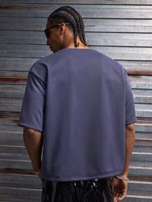 AXEPEAK Men's Graphic T-Shirt, Knitted Sweatshirt, Letter Pattern, White Pearl Embellishment, Loose Short-Sleeved T-Shirt. - Grey - View 5