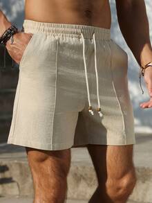 VENTUSAIL Men's Solid Color Drawstring Waist Slant Pocket Casual Linen Shorts - Khaki - View 3