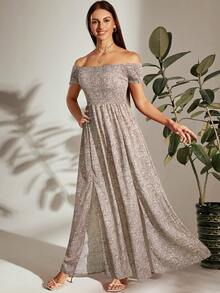 Breezaya Đầm maxi hoa nhí màu đỏ tía, thân áo xếp ly trễ vai, xẻ tà chữ M, thích hợp cho kỳ nghỉ biển dành cho nữ. - Màu Khaki - Xem 5