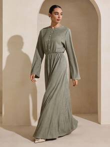 Graceveil 宽松珍珠纽扣装饰长袖连衣裙，灰绿色 - 綠色 - 查看 8