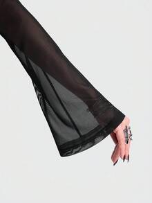 Breakform Áo kiểu Gothic gợi cảm dành cho nữ, chất liệu lưới xuyên thấu, dây mảnh, trễ vai, tay loe, ôm sát. - màu đen - Xem 7