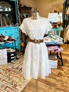 Women's Western Casual White Woven Plain Knit Hollow Embroidered Round Neck Drop Shoulder Ruffle Sleeve Multi-Layer Patchwork A-Line Dress, LanaWest - White - View 1