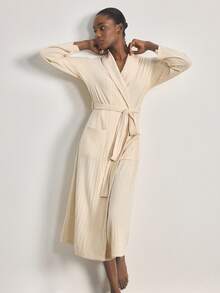 Ocili Women's Striped Fleece Soft Loungewear Robe - Apricot - View 5