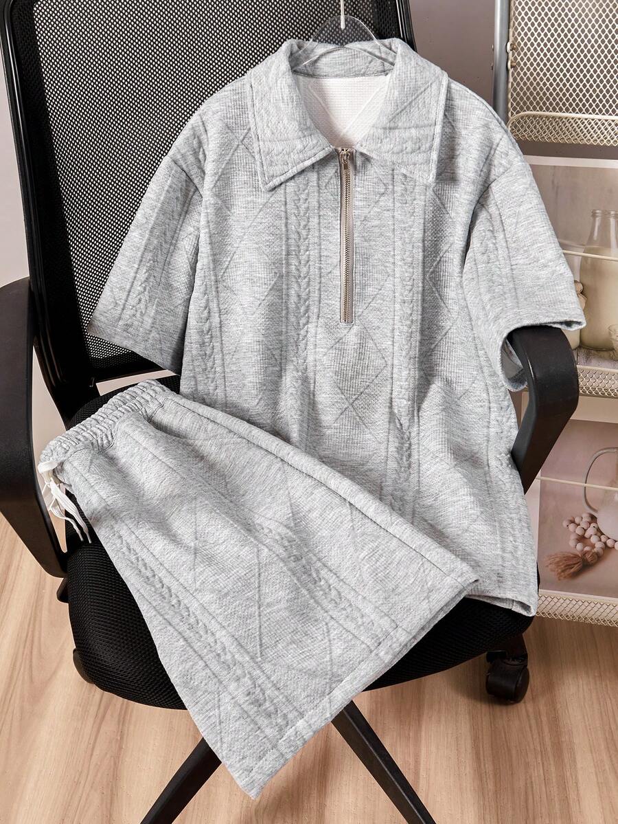 Mirajuku Bộ 2 món áo polo cổ bẻ và quần short kiểu dáng thường ngày dành cho thiếu niên nam - Màu Xám nhạt - Xem 1