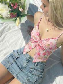 SHEIN MOD Women's Twist Front Sleeveless Crop Top, Cute Blouse,Going Out Top,Country Outfits,Beach Vacation Wear,Tea Party ,Cute Tops,Valentine's Day,Pink Top ,Spring/Summer Outfits, Casual,Spring/Summer Outfit Women, Party Top, , Valentine Outfits For Women, Chic, Birthday Wear, Tank Top, - Pink - View 1