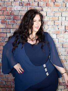 Truni 大码女式纯色荷叶边拼接优雅连体裤 - 藏蓝色 - 查看 4