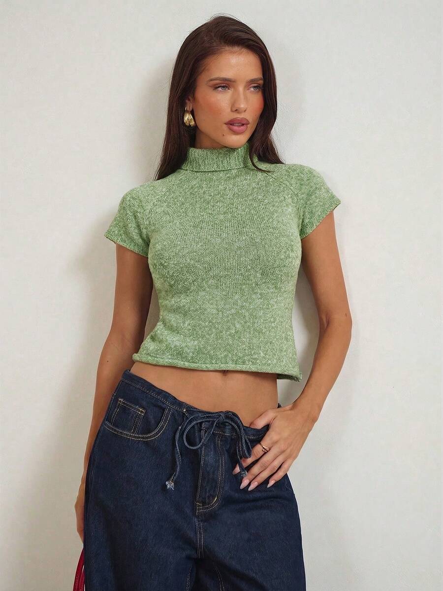 Aloruh Top en tricot à col montant, manches courtes ajustées et courtes pour femmes - Vert - Voir 1