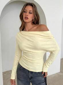 Aloruh 女士优雅性感休闲斜肩紧身上衣，秋季款 - 淡黃色 - 查看 5