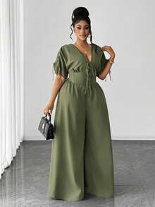 Maweii Plus Size Elegant Short Sleeve V-Neck Drawstring Jumpsuit, Vintage Style For Commuting - Army Green - View 4