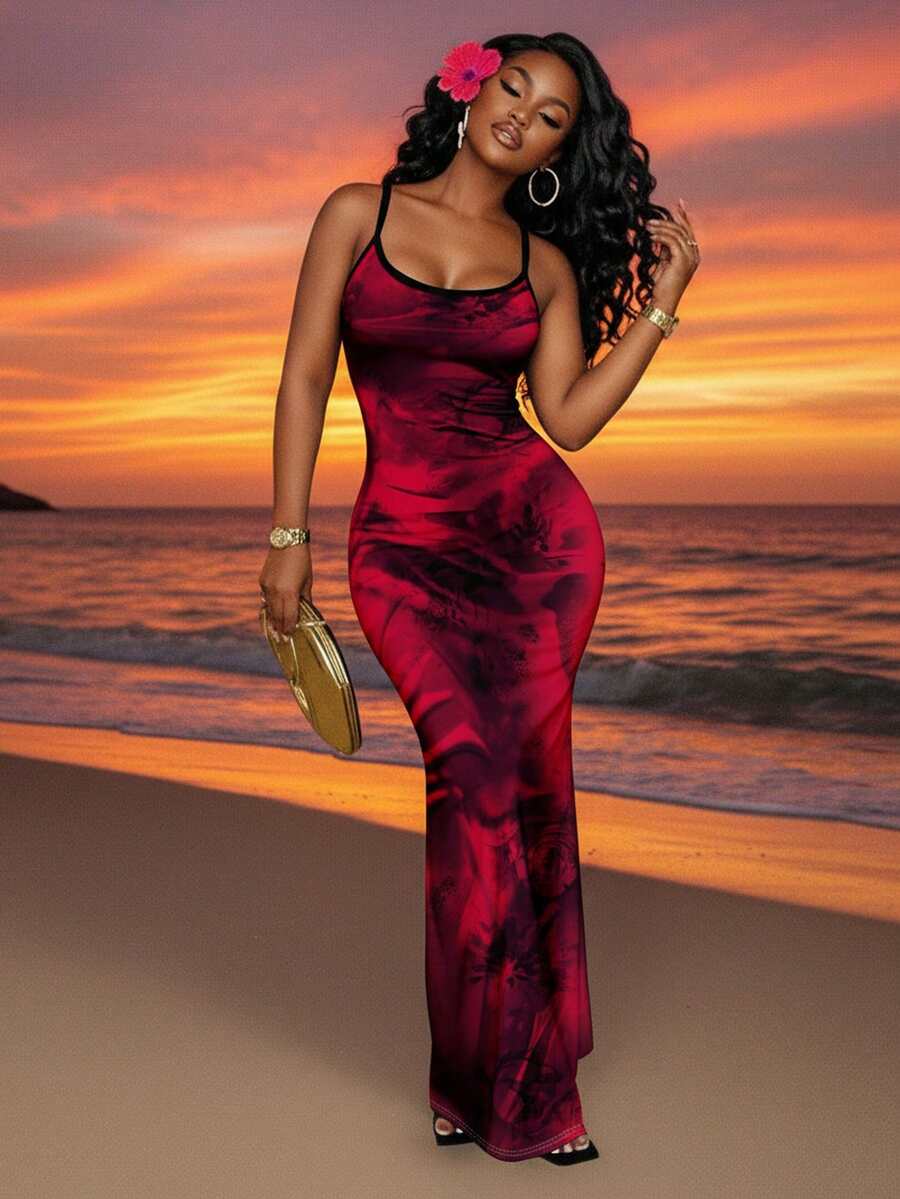 Slaydiva Đầm maxi slip dáng suông tối giản, gợi cảm, phối màu đen và đỏ tương phản, thích hợp cho nữ, phù hợp cho kỳ nghỉ xuân/hè. - Nhiều màu - Xem 1