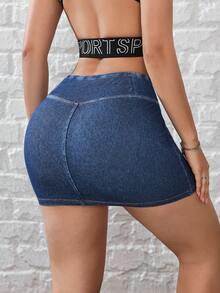 Flexra 女士时尚性感迷你牛仔裙，夏季 - 深色水洗藍 - 查看 2