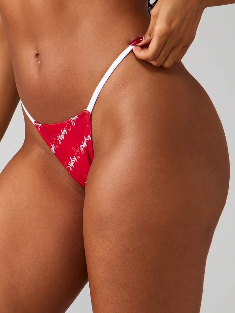 Missguided x Playboy Majtki typu stringi z kontrastowymi paskami i nadrukiem na całej powierzchni