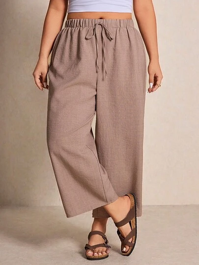 Elaquor Plus Size Women's Solid Color Waist Tie Casual Wide Leg Pants Petite Wide Leg Pants Flowy Pants For Women Women Linen Pants Spring Pants Outfit Women Spring Pants For Women