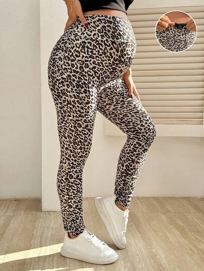 SHEIN 可调节腰围豹纹休闲打底裤，孕妇适用