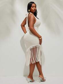 Radiana Plus Size Women's Spring/Summer Boho Apricot Crochet Tasseled Hem Flowy Dress, Holiday/Beach Outfit White Fringe Dress Tassel Dress White Mesh Dress,Boho Clothes Women Crochet Cover Up Dress Summer Dress Fringe Cover Up Dress, Summer Dresses Sexy Beach Dress Swimsuit Cover Up Bikini Cover Up Dress Swimsuit Cover Up Dress - Apricot - View 9