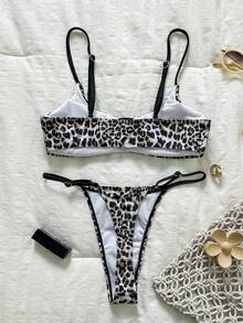 Swim Vcay Leopard Print Adjustable Strap + Leopard Side Drawstring Triangle Bikini 2 Pieces Suit, Fashionable Beach Vacation Outfit, Hot Selling Spring/Summer - Multicolor - View 6