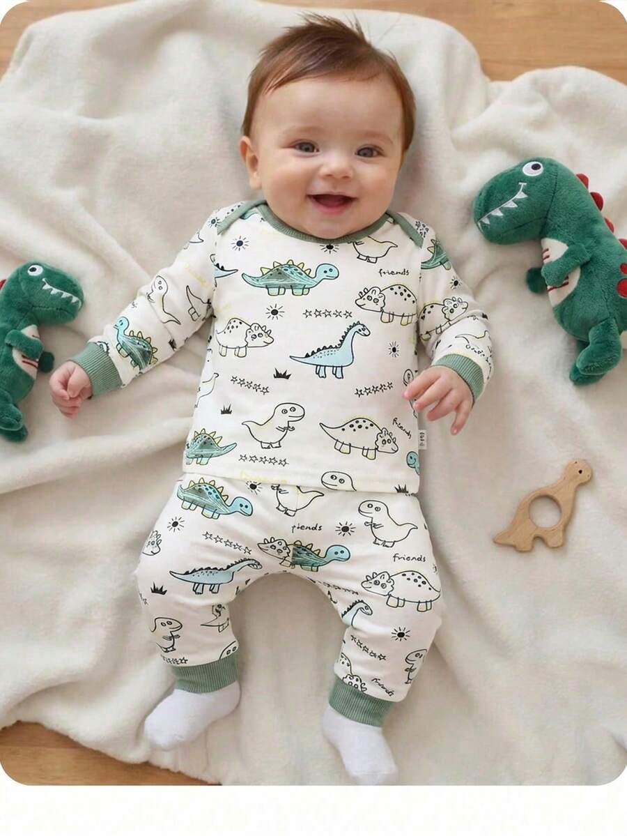 Newborn Baby Boy Cute Casual Cartoon Pattern Patchwork Long Sleeve Pajama Set Neutral - Green - View 1